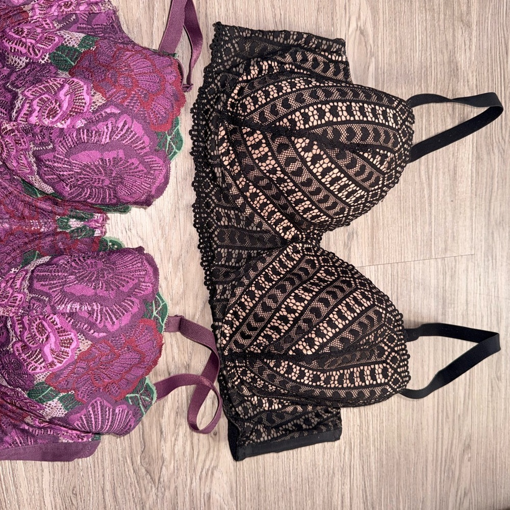 Adore Me Black and Purple Lace Bra Set